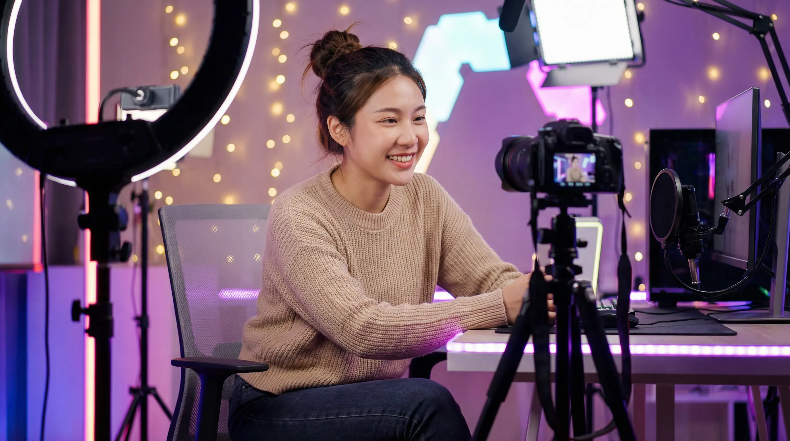 麻豆原创视频创作者在专业工作室录制视频